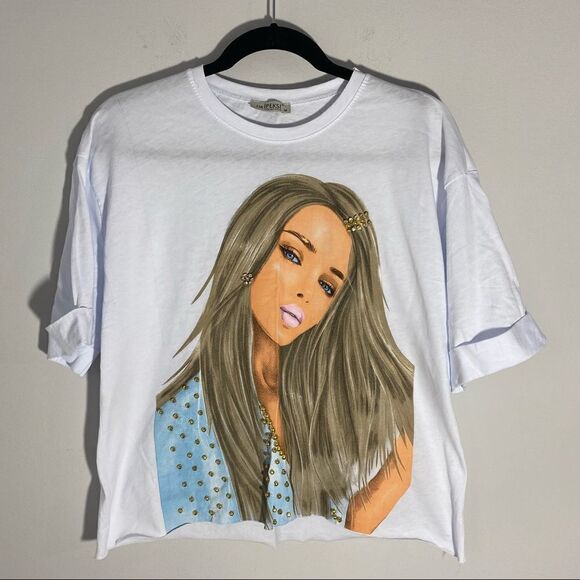 Women’s Boxy Cut Girl Printed 3D Short Folded Sleeve Tee - Picture 1 of 6